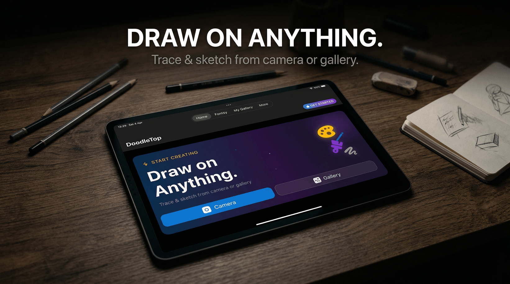DoodleTop on iPad showing Draw on Anything screen